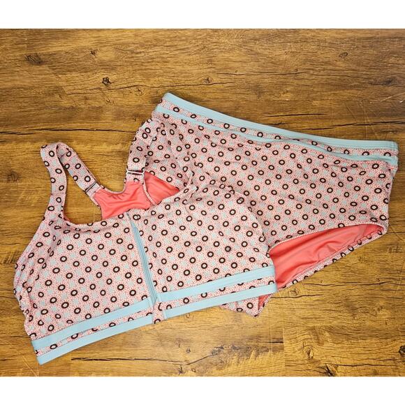 Lands End 2 piece high waisted Aqua Pink pattern swim sz 14 swimsuit - Picture 2 of 11